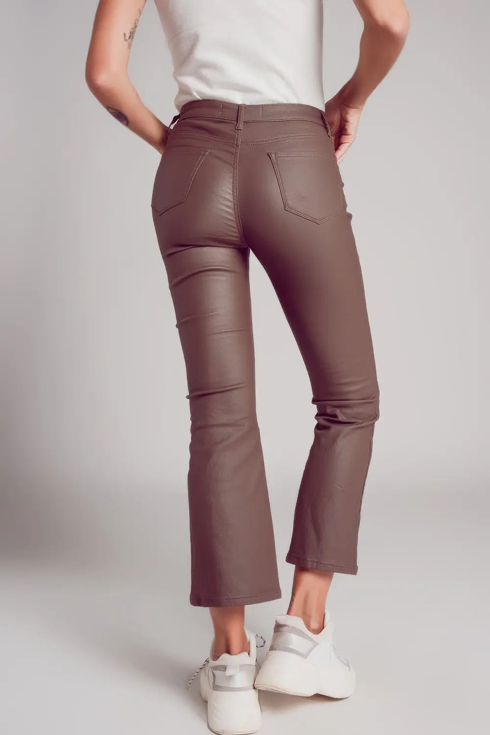 Stretch faux leather flare pants in beige - Pants