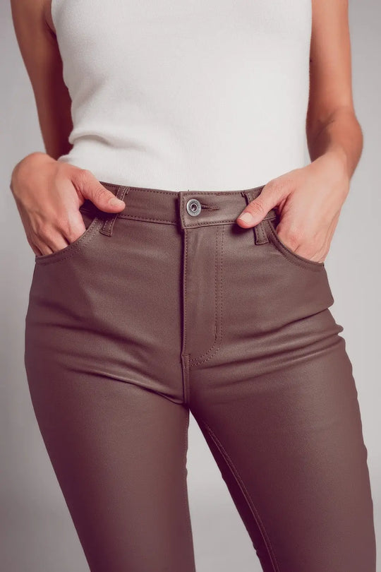 Stretch faux leather flare pants in beige - Pants