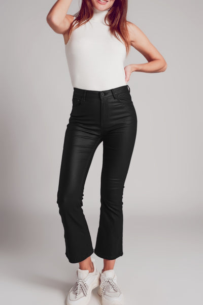 Stretch faux leather flare pants in black