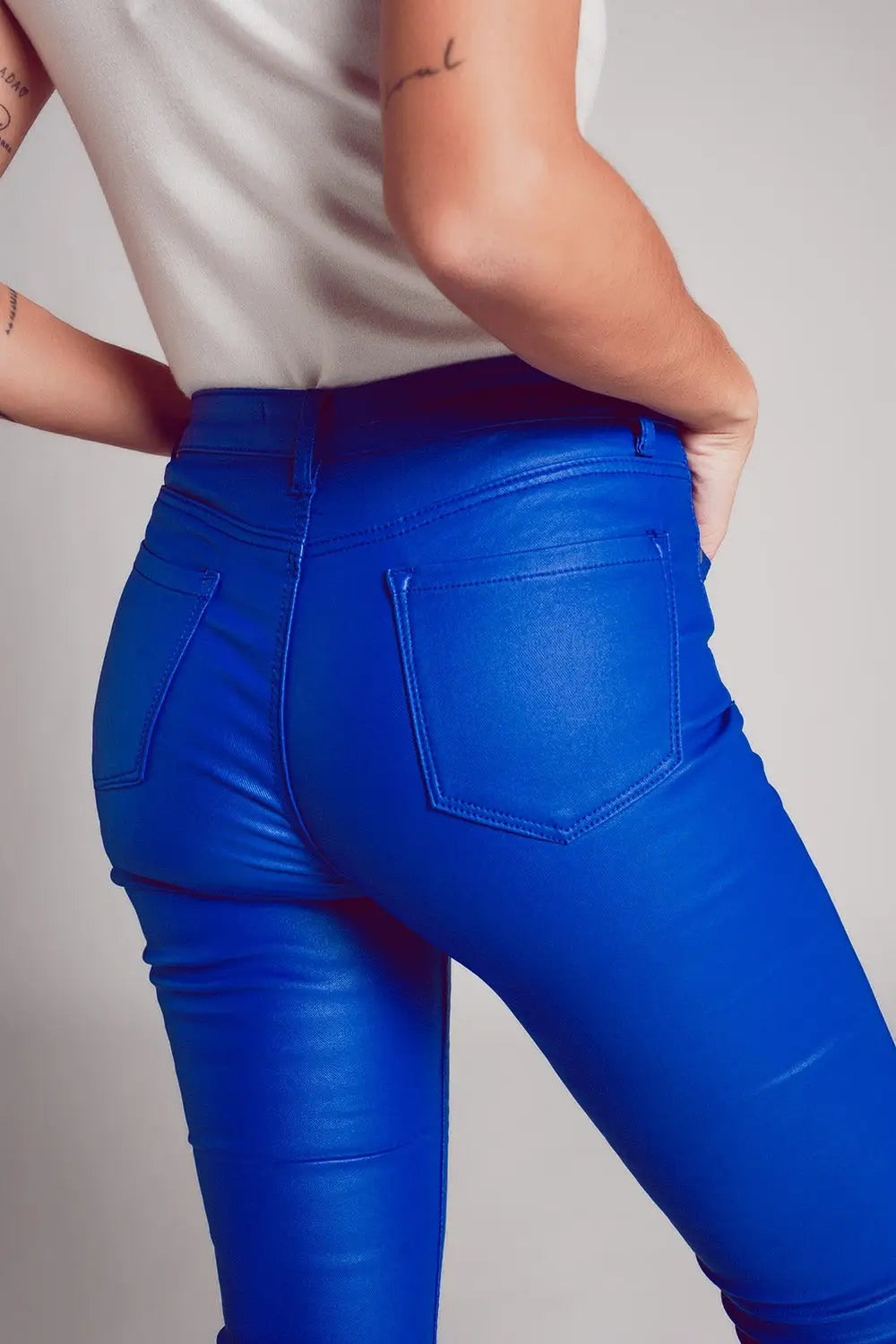 Stretch faux leather flare pants in blue - Pants