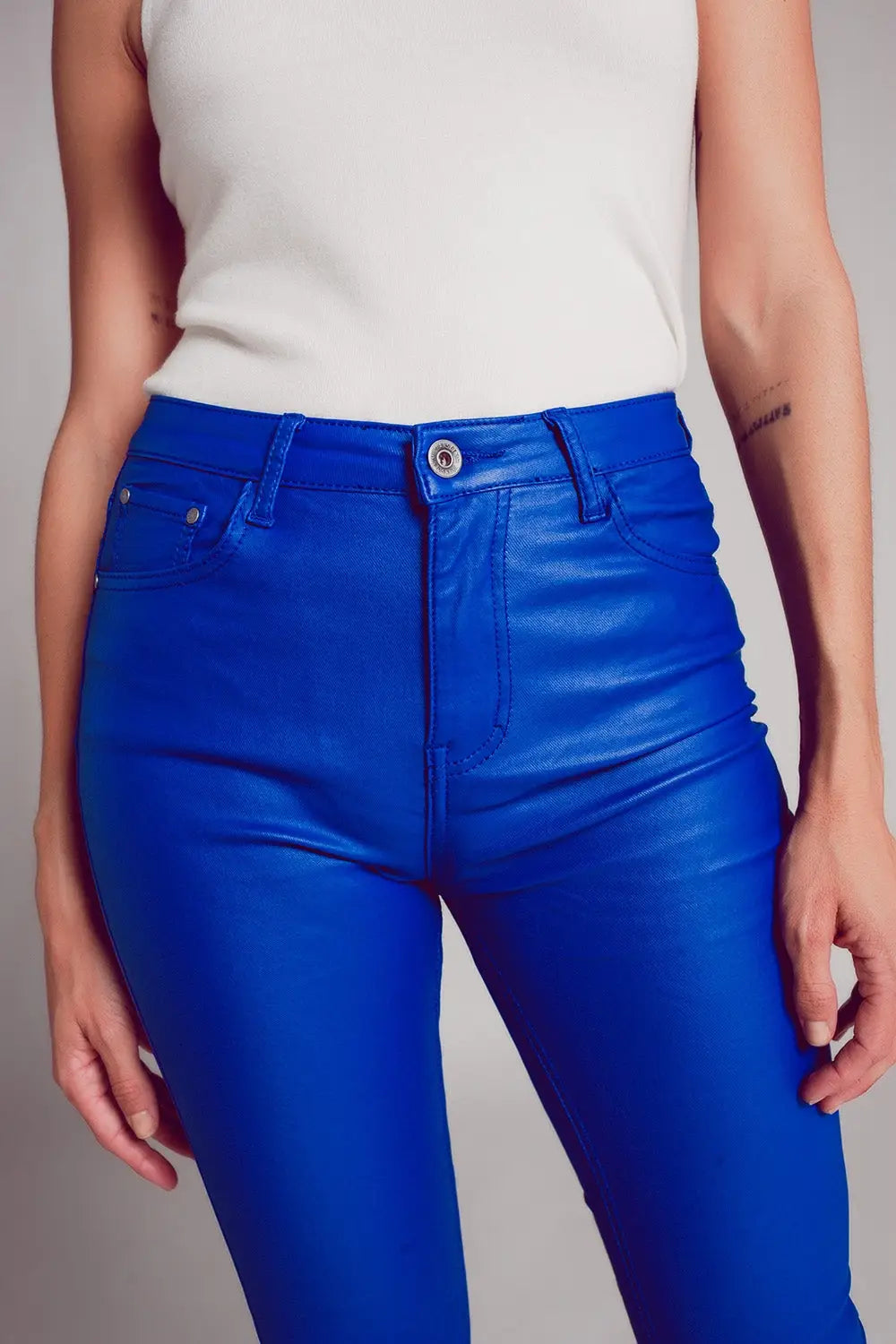 Stretch faux leather flare pants in blue - Pants