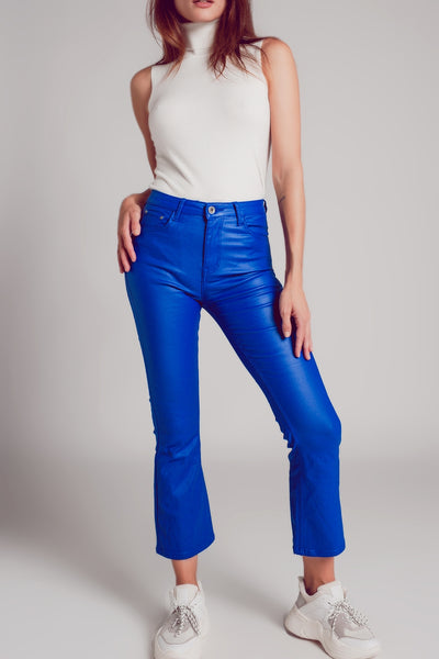 Stretch faux leather flare pants in blue