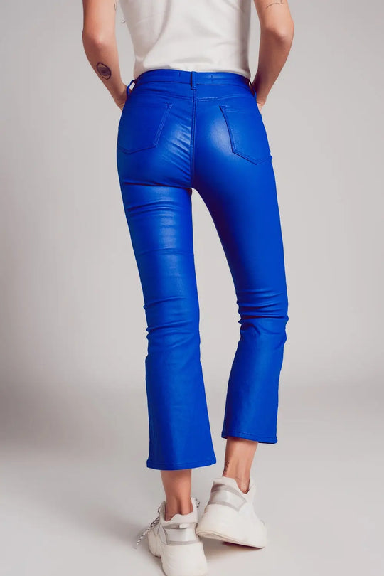 Stretch faux leather flare pants in blue - Pants