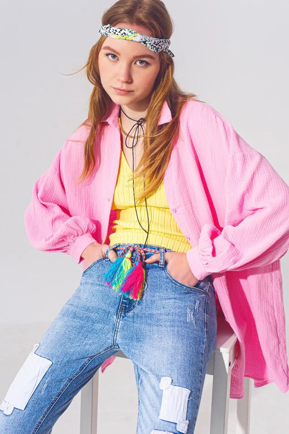 Stretch Skinny Jeans with Patches in Mid Wash and Belt Detail - Jeans