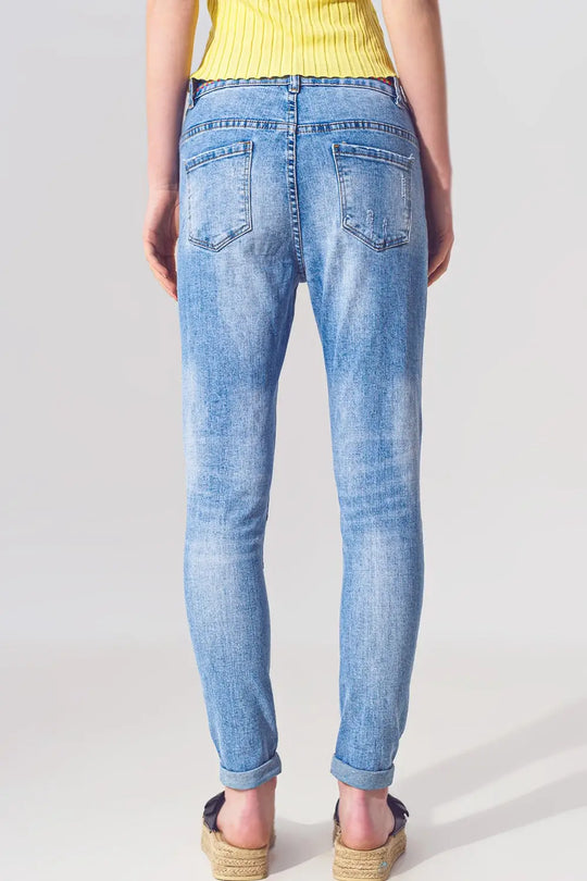 Stretch Skinny Jeans with Patches in Mid Wash and Belt Detail - Jeans