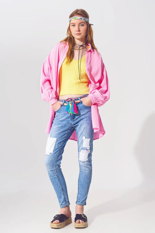 Stretch Skinny Jeans with Patches in Mid Wash and Belt Detail - Jeans