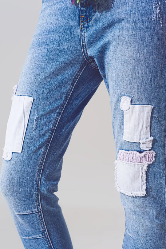 Stretch Skinny Jeans with Patches in Mid Wash and Belt Detail - Jeans