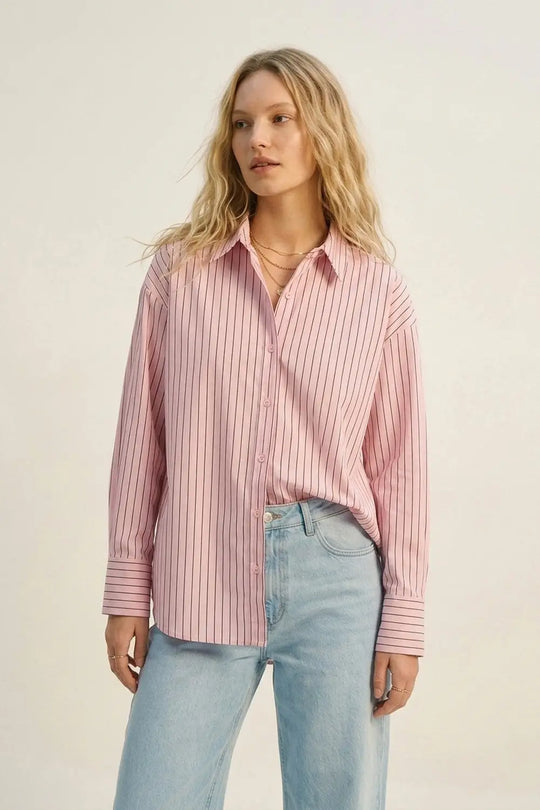 Q2 Stripe Lightweight long Shirt in Light Pink