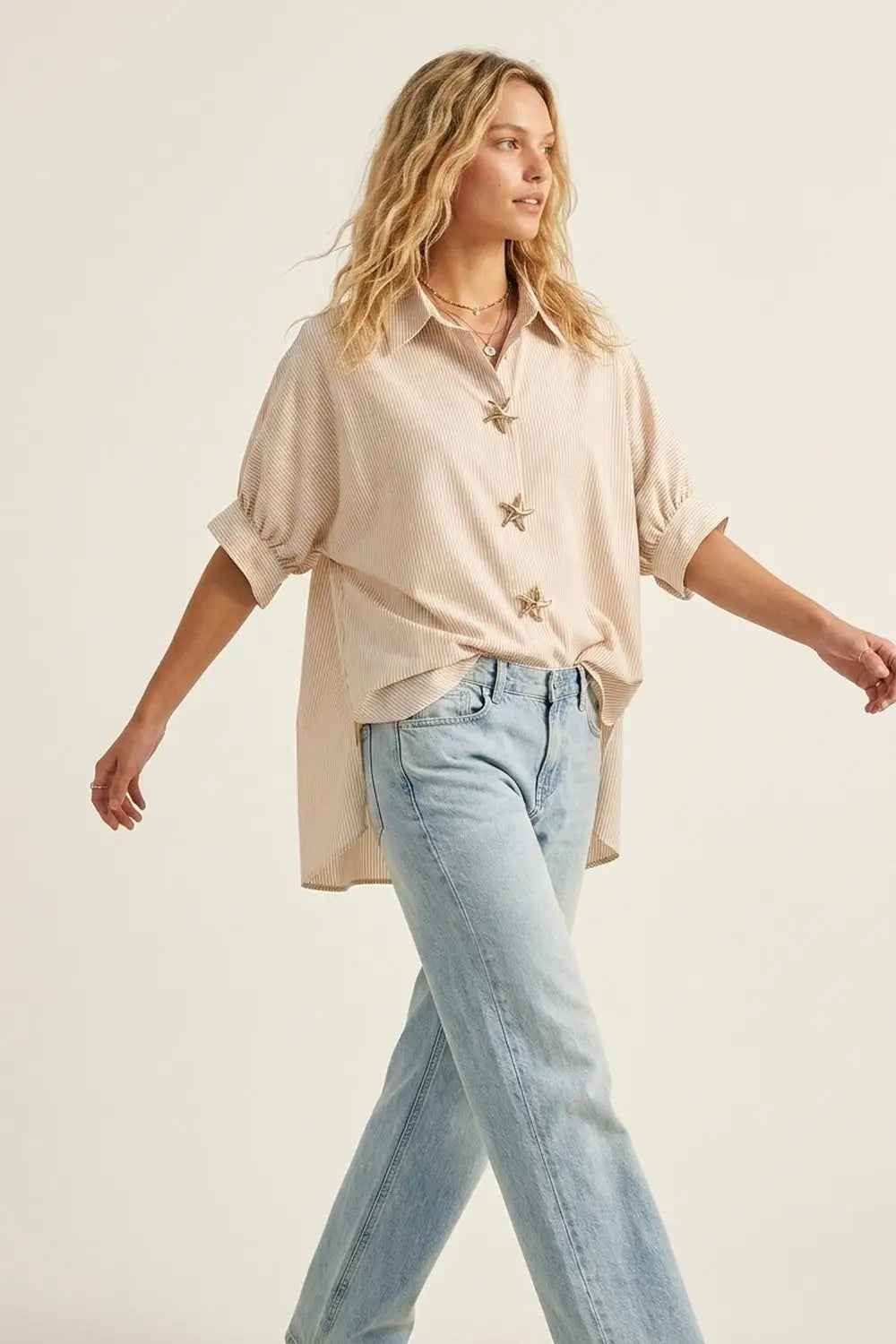 Q2 Stripe Star Button Oversized Fit Shirt in beige