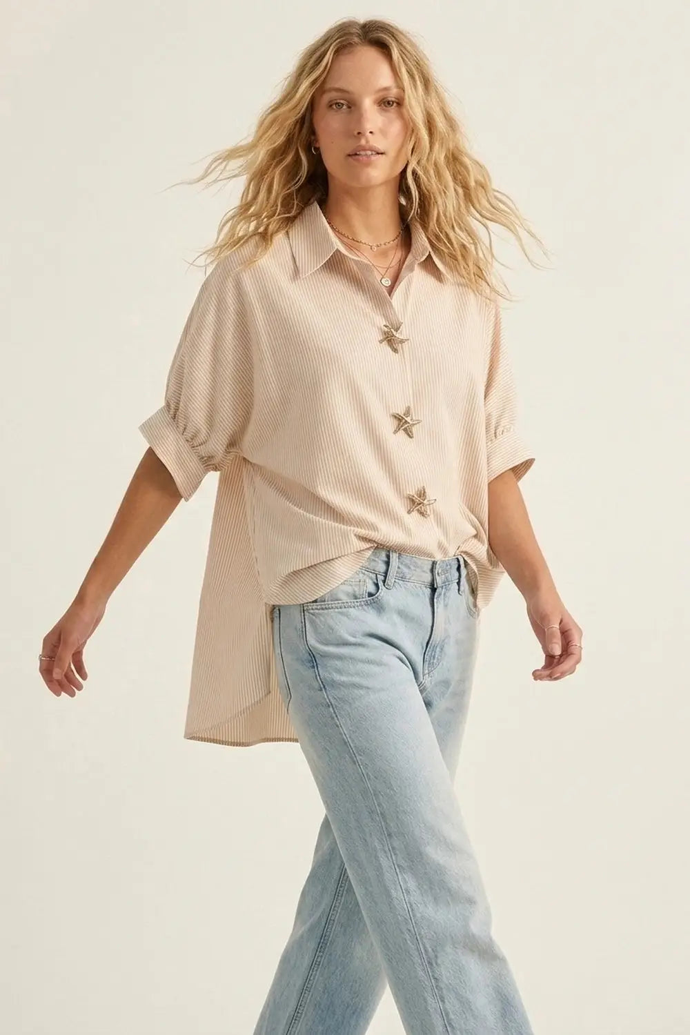 Stripe Star Button Oversized Fit Shirt in beige - Shirts
