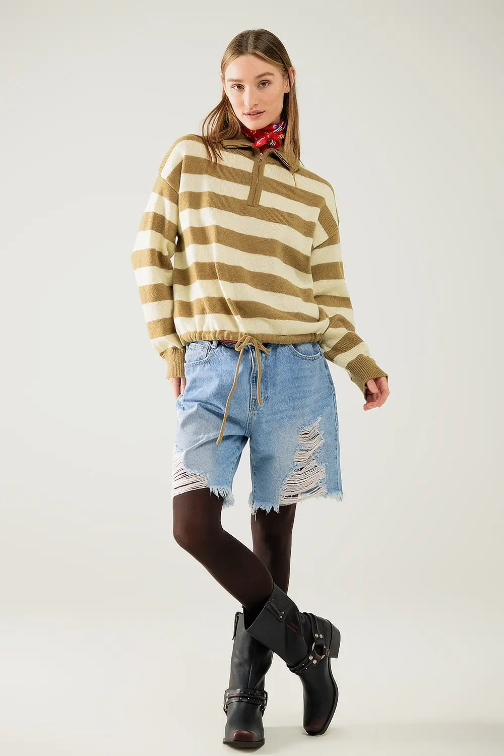 Striped beige sweater with zipper closure - Sweaters