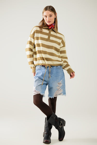 Striped beige sweater with zipper closure