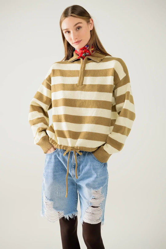 Striped beige sweater with zipper closure - Sweaters