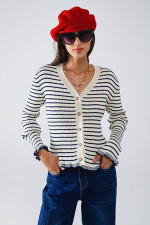 Q2 Striped Cardigan in Cream with Ruffle Trim