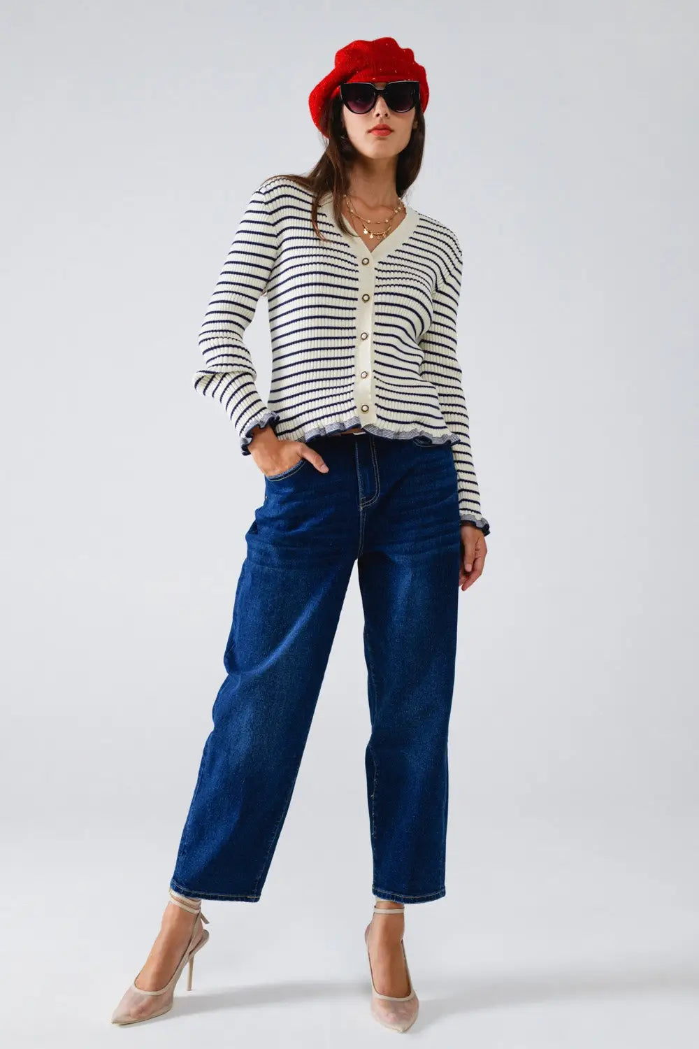 Striped Cardigan in Cream with Ruffle Trim - Sweaters