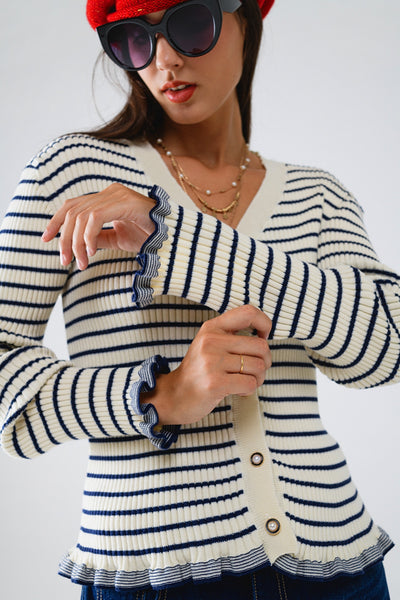 Striped Cardigan in Cream with Ruffle Trim