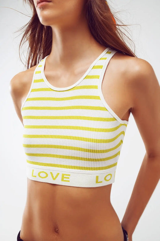 Striped Cropped Top with Love Text in Lime Green - One Size / Green - Tops