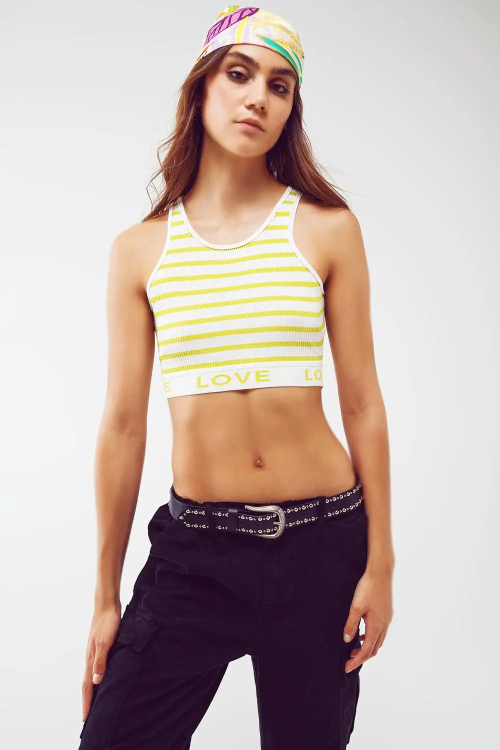 Striped Cropped Top with Love Text in Lime Green - One Size / Green - Tops