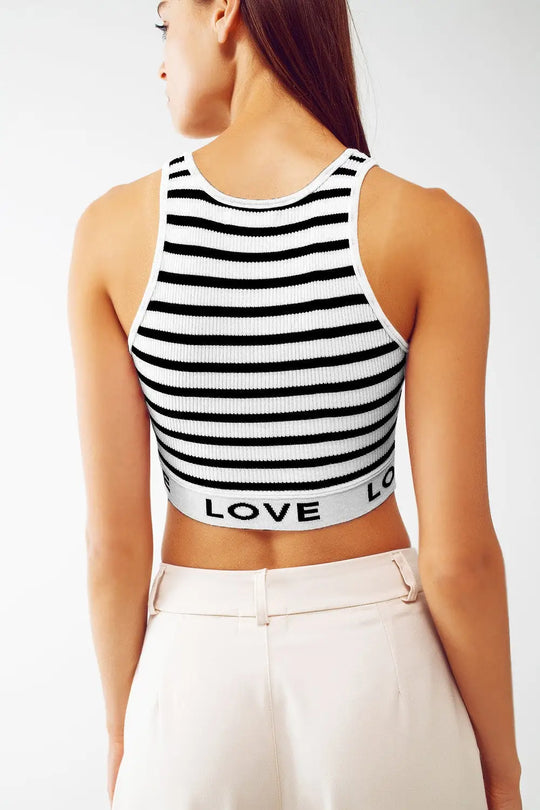 Striped Cropped Top with Love Text in White - One Size / Black - Sweaters