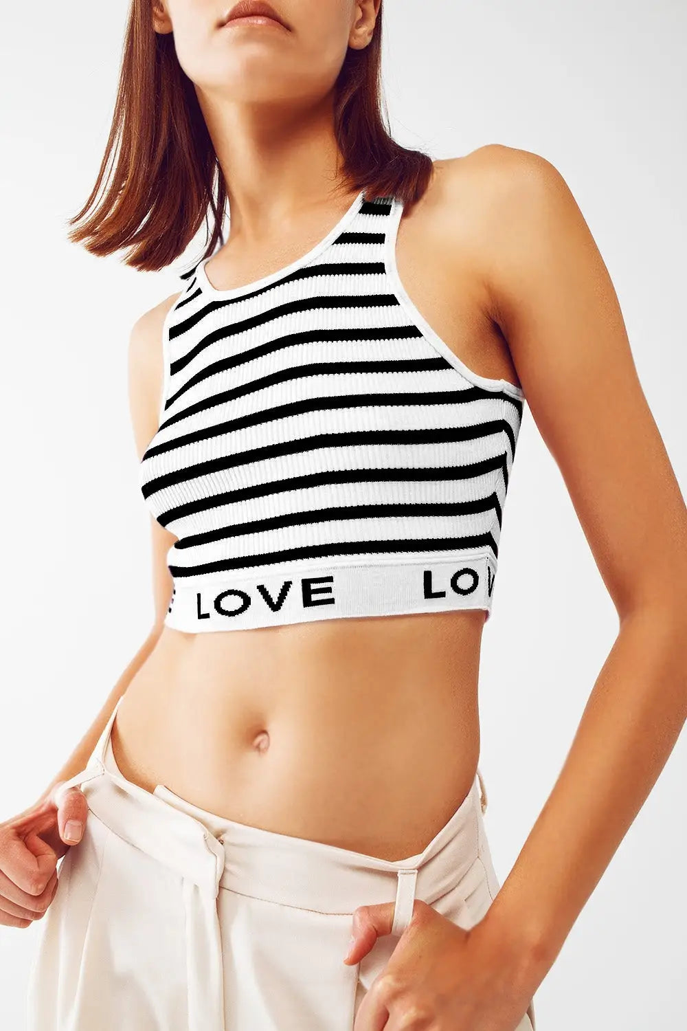Striped Cropped Top with Love Text in White - One Size / Black - Sweaters