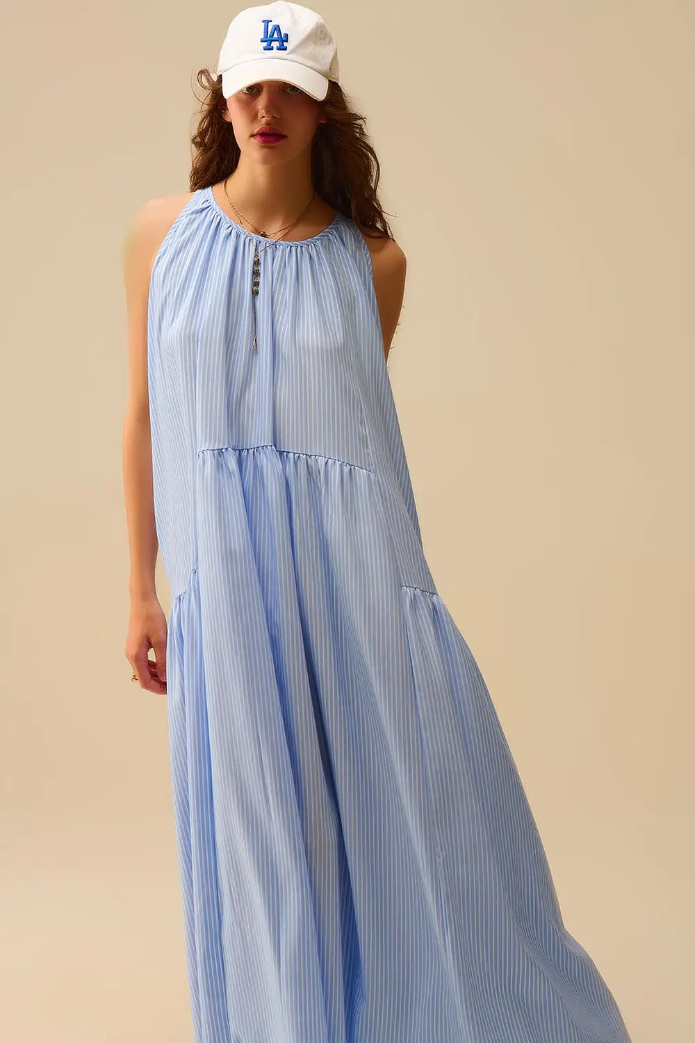 Striped Flowy Halter Dress Blue and White - Dresses