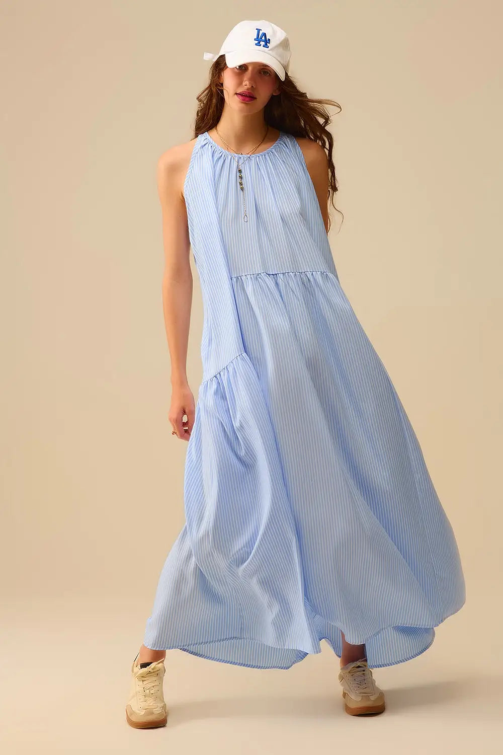 Q2 Striped Flowy Halter Dress Blue and White