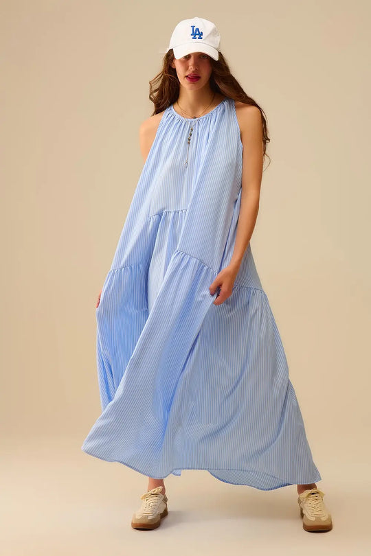 Striped Flowy Halter Dress Blue and White - Dresses