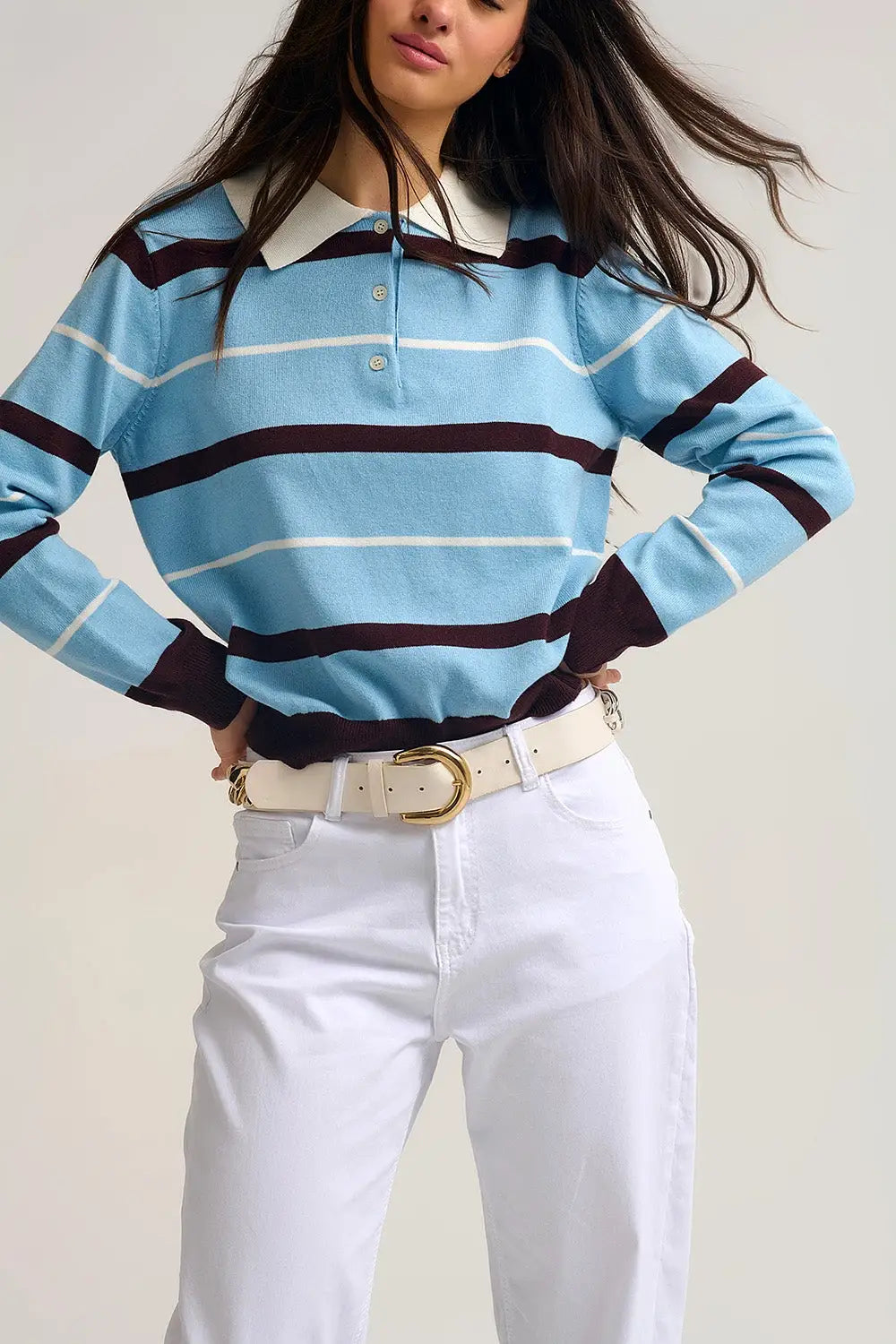 Striped Knit Polo Sweater in blue with white Collar - One Size / Blue - Sweaters