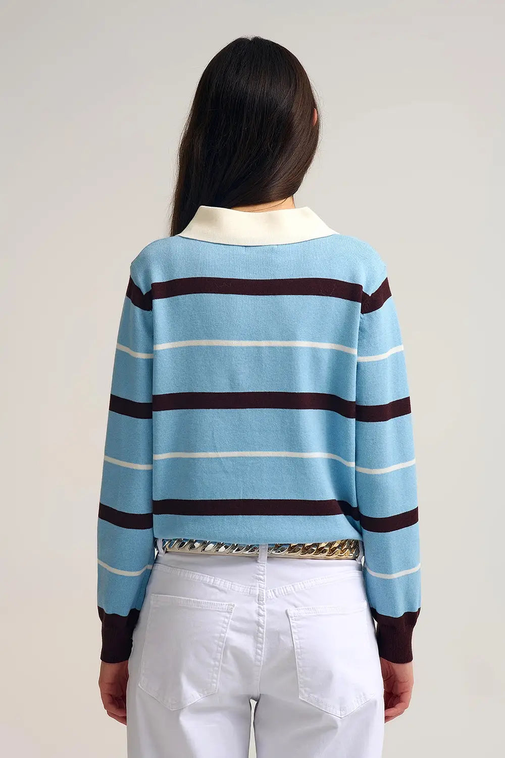 Striped Knit Polo Sweater in blue with white Collar - One Size / Blue - Sweaters
