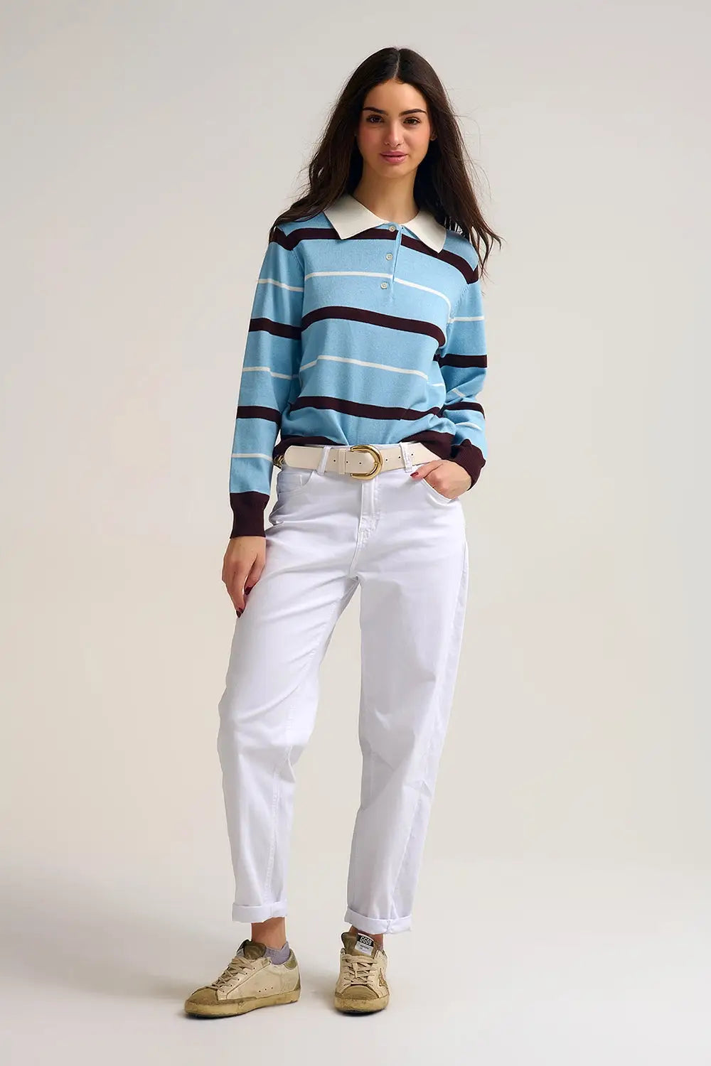 Striped Knit Polo Sweater in blue with white Collar - One Size / Blue - Sweaters
