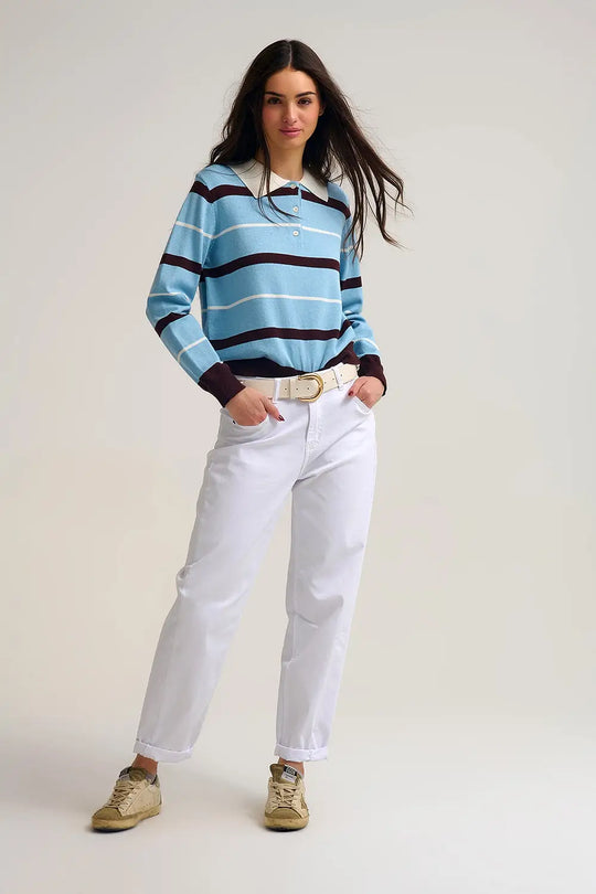 Striped Knit Polo Sweater in blue with white Collar - One Size / Blue - Sweaters