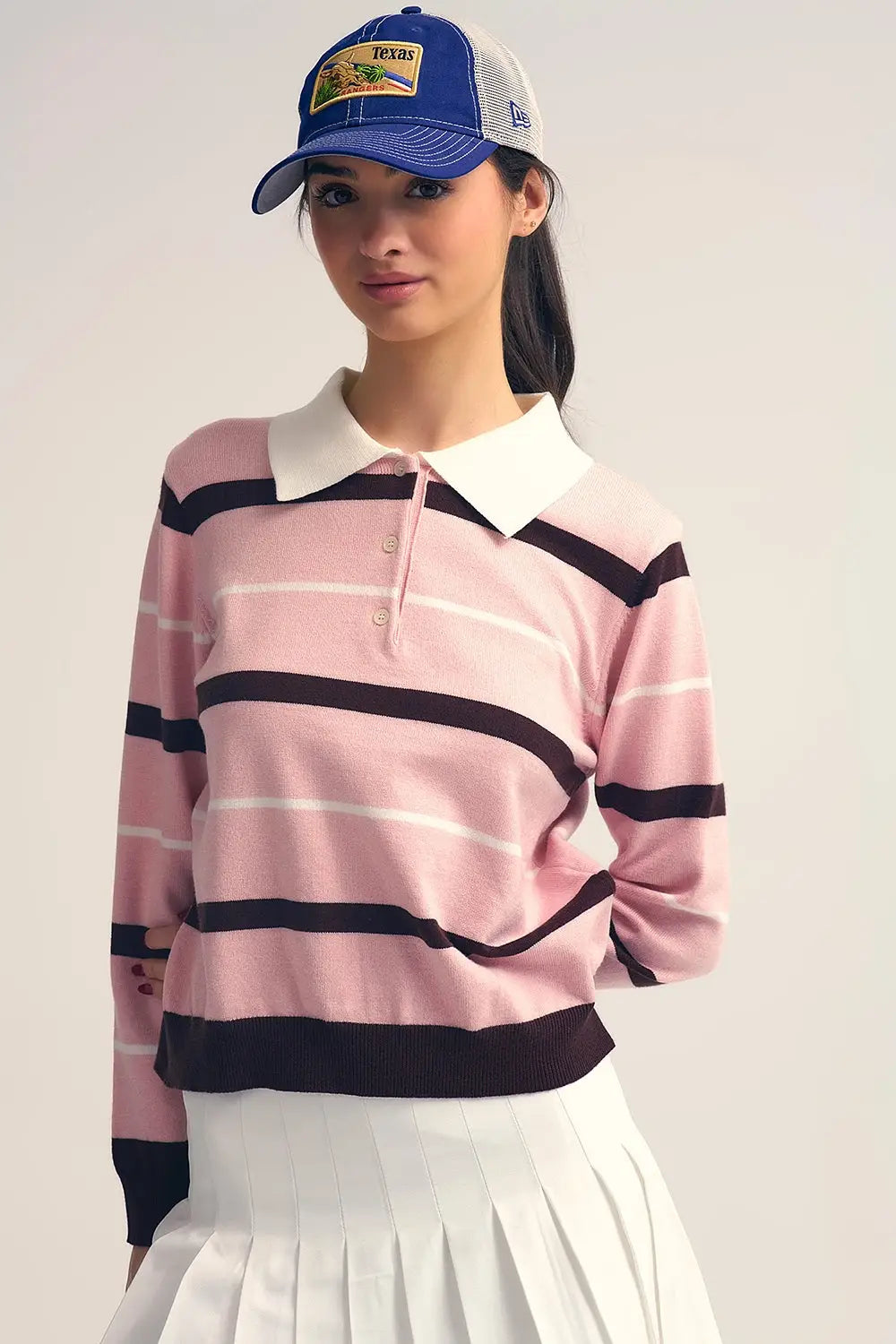Striped Knit Polo Sweater in pink with white Collar - One Size / Pink - Sweaters