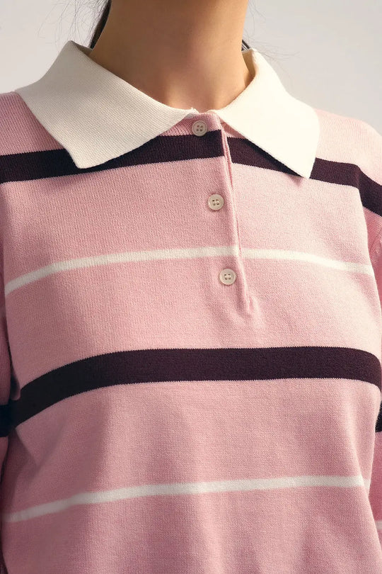 Striped Knit Polo Sweater in pink with white Collar - One Size / Pink - Sweaters