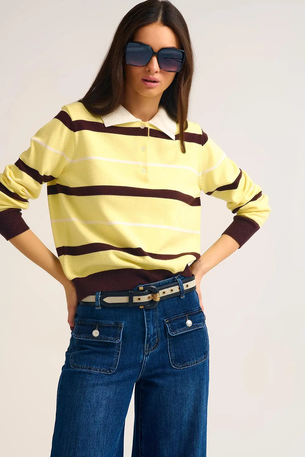 Q2 Striped Knit Polo Sweater in yellow with white Collar