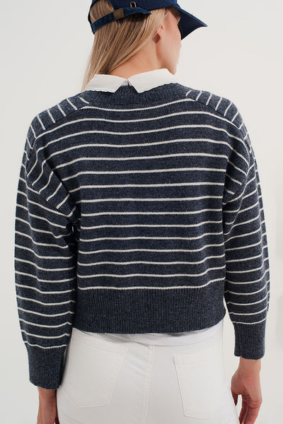 Striped knitted sweater with wrangler sleeves blue and white