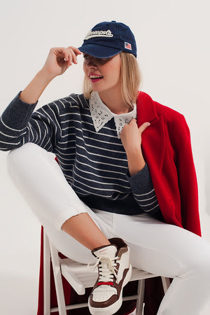 Q2 Striped knitted sweater with wrangler sleeves blue and white