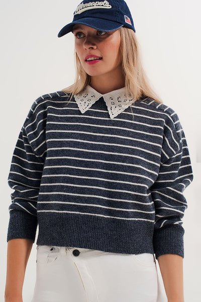 Striped knitted sweater with wrangler sleeves blue and white