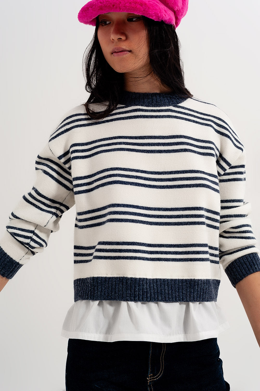 Striped long sleeved sweater in white