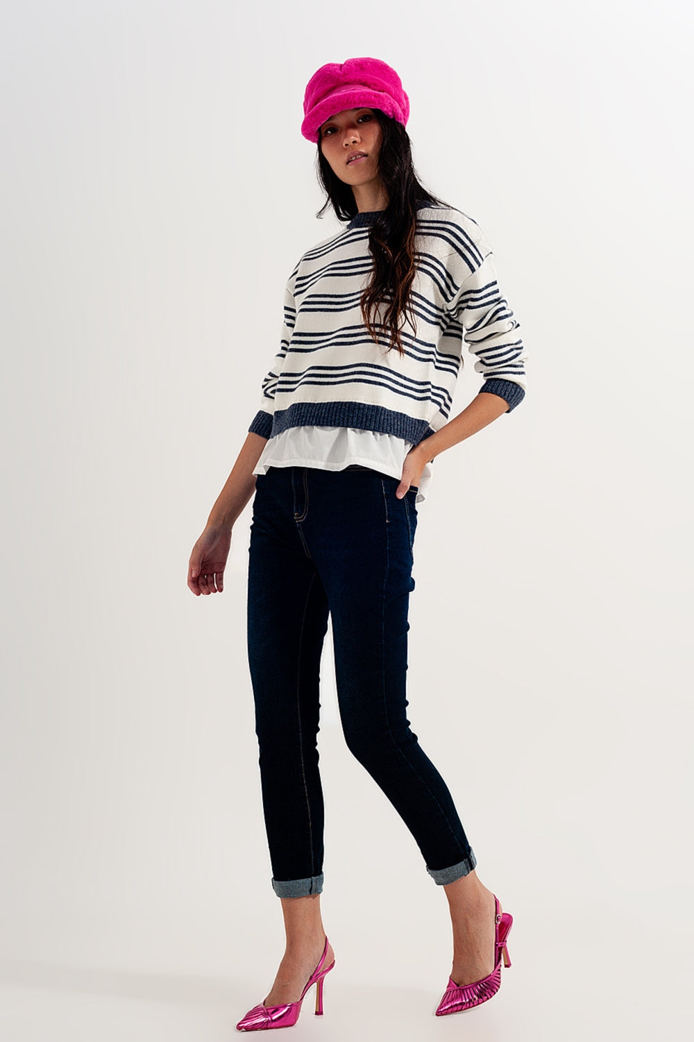 Striped long sleeved sweater in white