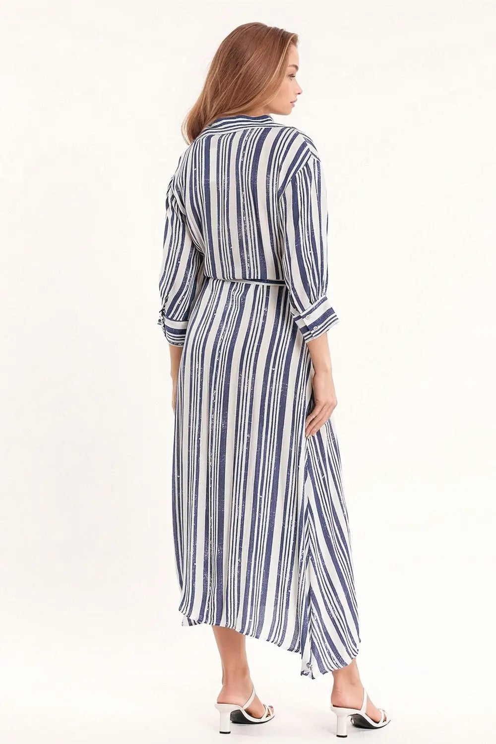 Striped Maxi Shirt Dress With 3/4 Sleeve and Belt in Blue and White - Dresses
