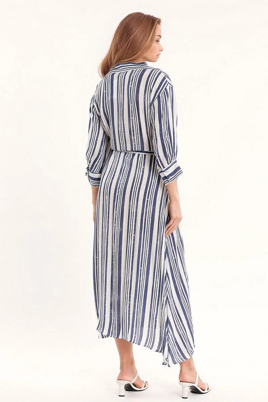 Striped Maxi Shirt Dress With 3/4 Sleeve and Belt in Blue and White - Dresses