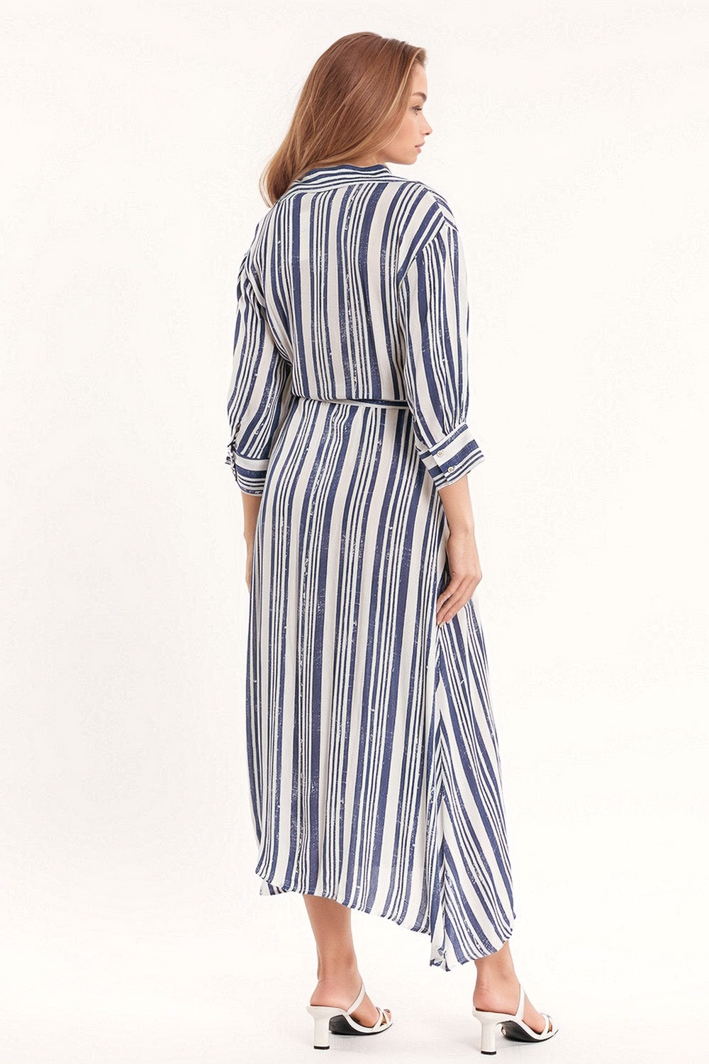 Striped Maxi Shirt Dress With 3/4 Sleeve and Belt in Blue and White