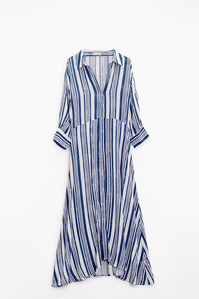 Striped Maxi Shirt Dress With 3/4 Sleeve and Belt in Blue and White