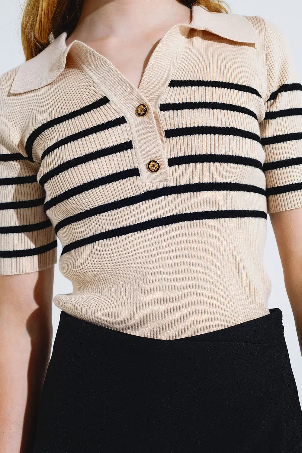 Striped polo with button detail in beige - Sweaters