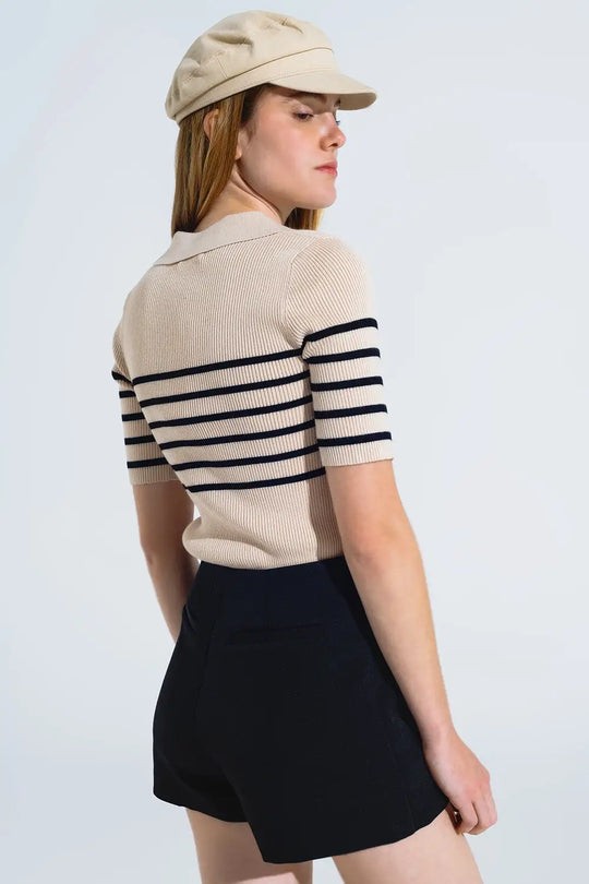 Striped polo with button detail in beige - Sweaters