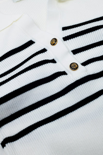 Striped polo with button detail in white