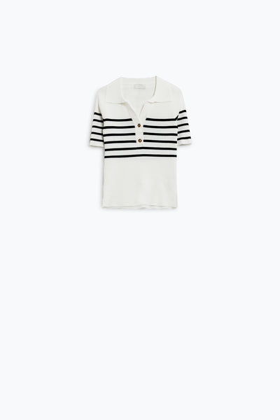 Striped polo with button detail in white