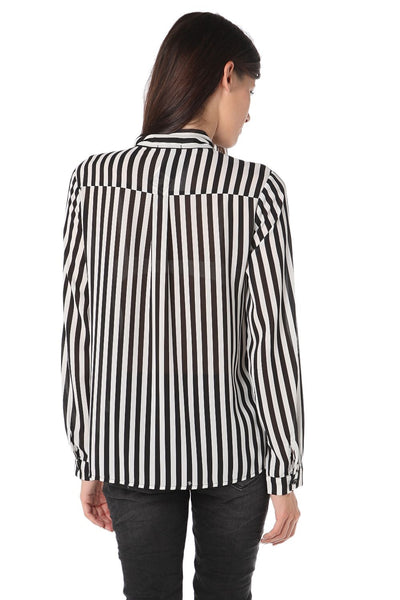 Striped tie front chifon long sleeve shirt