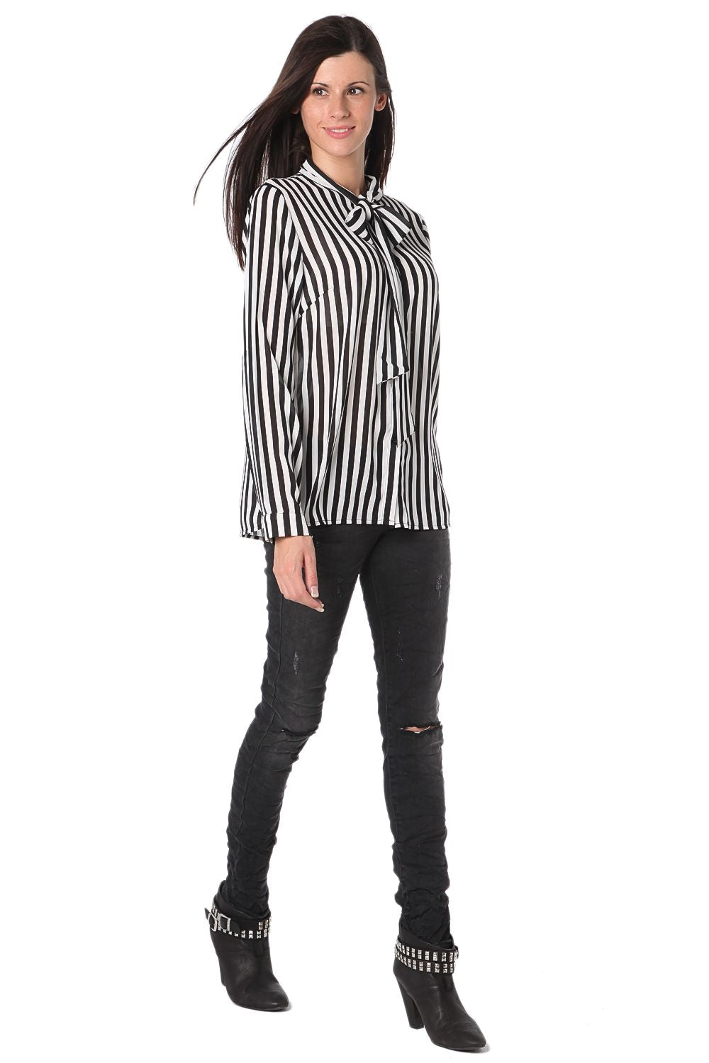 Striped tie front chifon long sleeve shirt