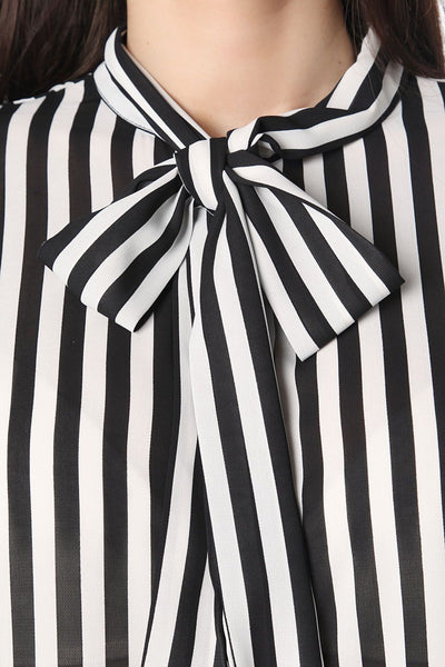 Striped tie front chifon long sleeve shirt